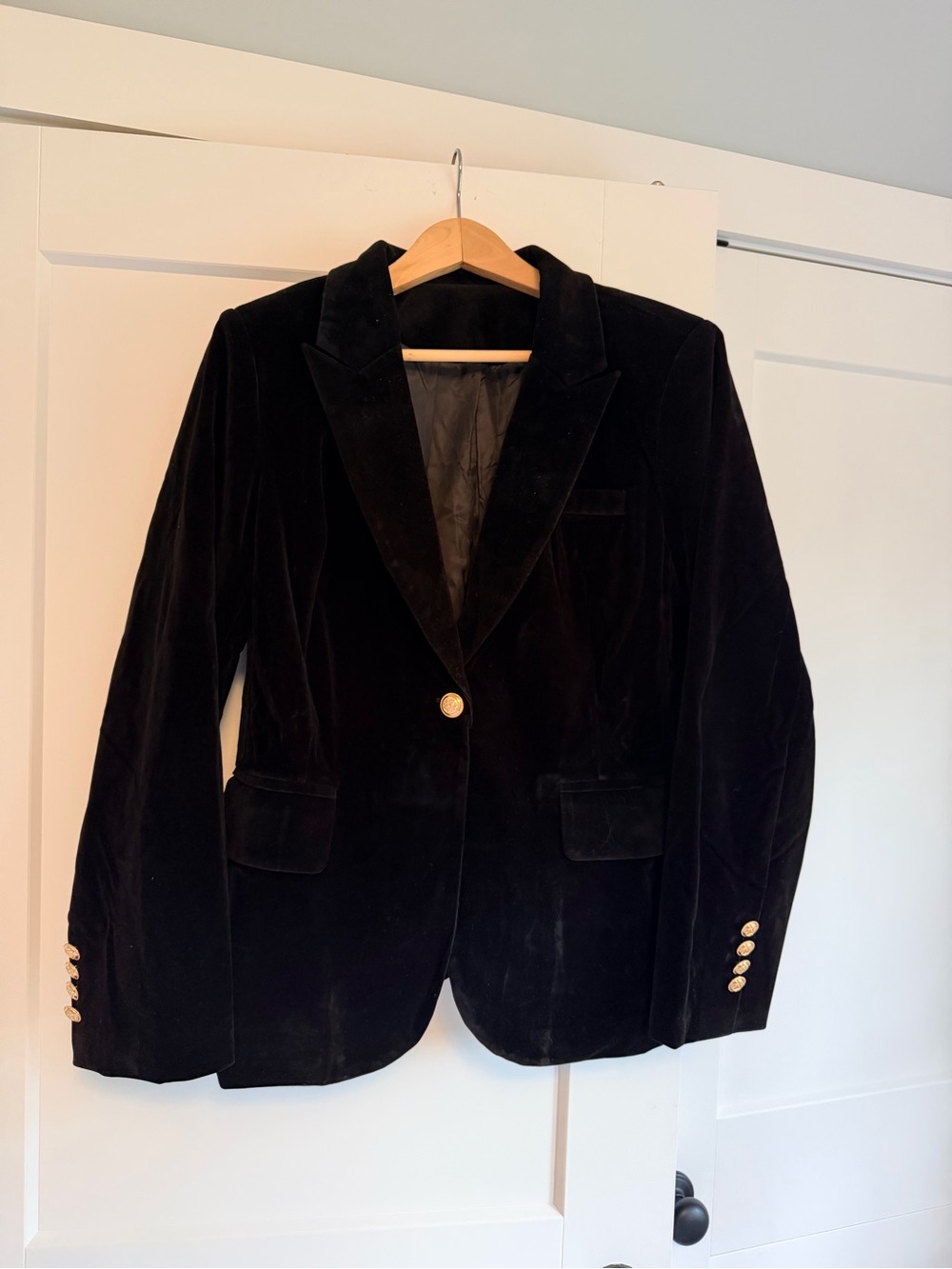 Women’s faux Black Velvet Blazer with Gold Buttons